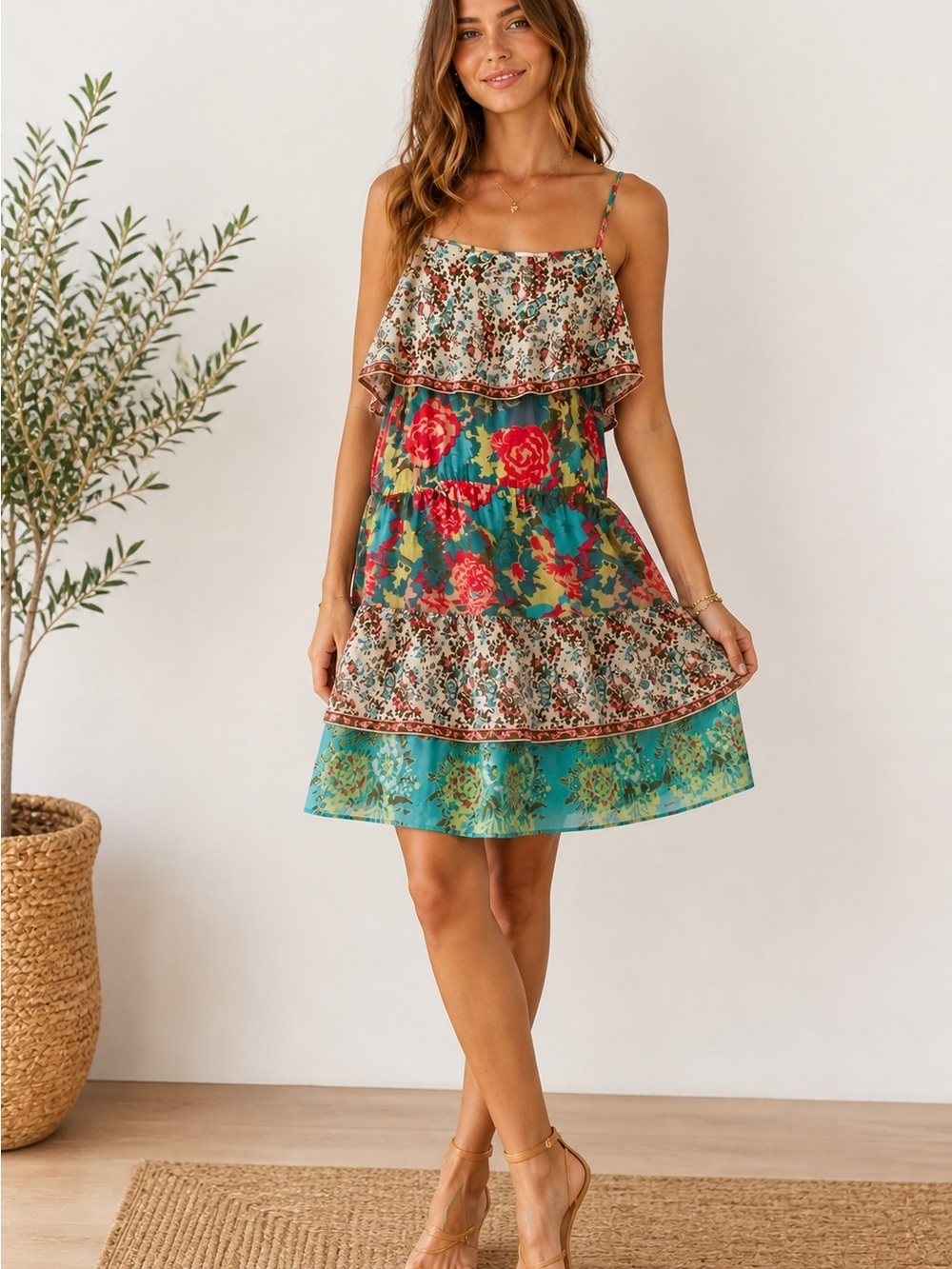 Joie 100% Silk Tiered Floral Dress Boho Ruffle Cami Y2K Fairy Sz L